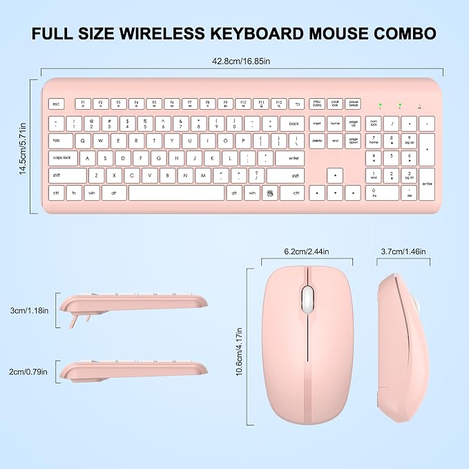Wireless Keyboard and Mouse Combo, Full-Size Silent Ergonomic Keyboard and Optical Mouse, Long Battery Life, 2.4G Lag-Free Mice Keyboard for Computer,Mac,Laptop,PC,Windows(White Pink)