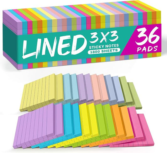 Taja Lined Sticky Notes, 36 Pads, 3 x 3 Inches, 50 Sheets/Pad, Bright | Bulk Sticky Notes with Lines for Office, Study & Daily Organization, Self-Stick Note Pads for Notes and Reminders