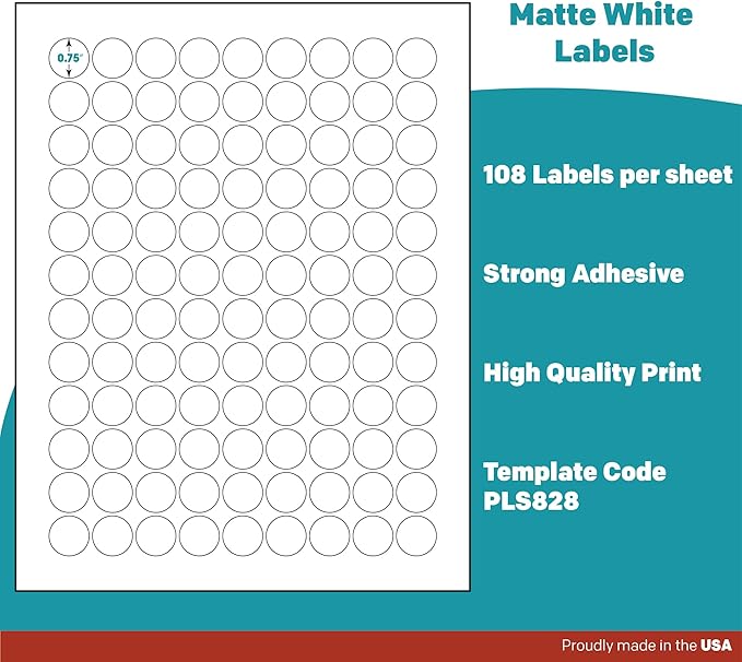 Premium Label Supply White Sticker Round Labels – 0.75" Circle – Laser/Inkjet Compatible – (108 per Sheet), 2000 Sheets – 216,000 Total Adhesive Labels