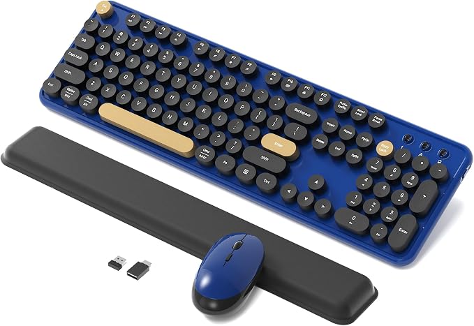 Retro Wireless Keyboard and Mouse Combo with Wrist Rest (Klein Blue) | COVEVA Aesthetic Typewriter Style, Full-Size Clicky Tactile Floating Round Keys, 2.4GHz Ergonomic Set for Mac, Windows