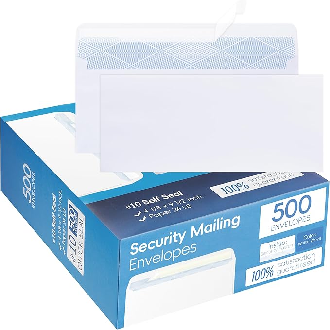 Yeplan 500PCS #10 Envelopes Letter Size Self Seal Business Envelopes No Window Security Mailing Envelopes Size 4-1/8 x 9-1/2 Inch - White 24LB Paper