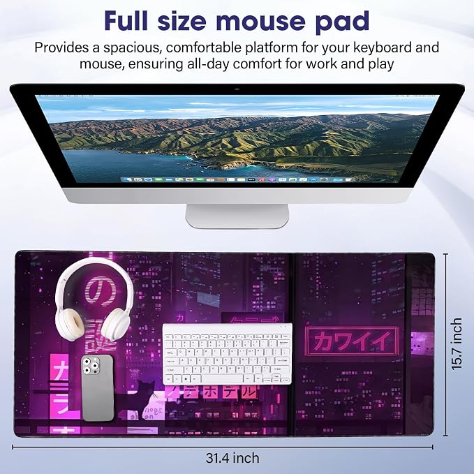 Professional Extended Gaming Mouse Pad - 31.5" x 15.7" Large Desk Mat with Stitched Edges, Waterproof Coating Non-Slip Rubber Base for Gamers Esports Pros Office Home, Cybercat