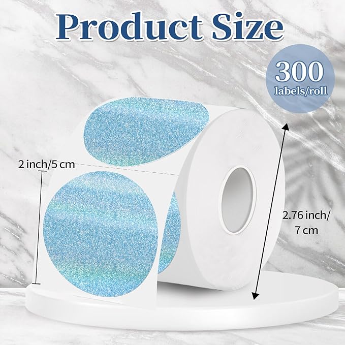 2 Inch Holographic Thermal Labels,Blue Round Thermal Printer Labels,Printable Round Thermal Printer Labels Self-Adhesive Direct Thermal Label(300 Labels/Roll Blue)