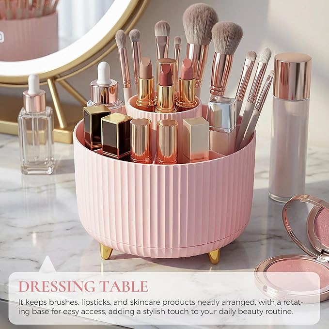 Pencil Pen Holder for Desk, 5 Slots 360 - Degree Rotating Desktop Organizer, Cute Desk Organizers and Accessories for School, Home, Office and Art Supply, Pink