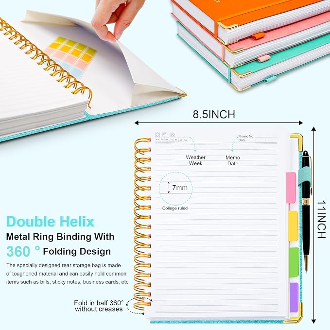 Hardcover Spiral Notebook 8.5"x11" Journal Notebook with Tabs and Removable Dividers 300 Pages 5 Subject Notebook College Ruled, Faux Leather Spiral Bound Notebook for Women School Work(Blue)