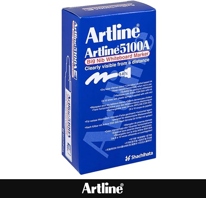 Artline 5100A Big Nib Magnum Whiteboard Dry Erase Markers, Extra Thick 5.0mm Bullet Tip, Readable from a Great Distance, Low Odor Colored Markers for School, Black, Red, Blue, Green, 4-Pack