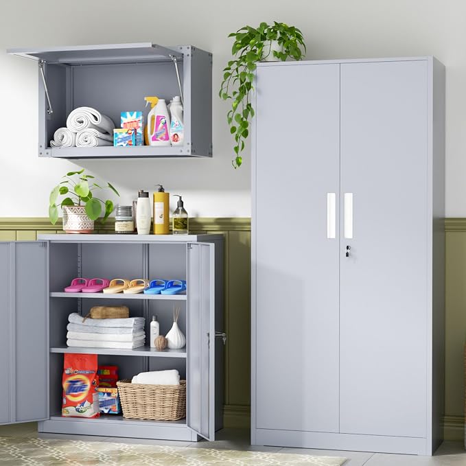 Metal Storage Cabinet, 72" Locking Steel Cabinets with 2 Door and 4 Adjustable Shelves, Tall Metal Cabinet for Home Office, Garage, Warehouse,(Cement)