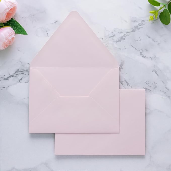 PONATIA 50 PCS/Pack A7 Envelopes, Euro Flap 5x7 Envelopes for Wedding Invitations, Greeting Cards, Acrylic Invitations, Photos, Postcards, Christmas Mailing 5.25 x 7.25 inches (Blush Pink)