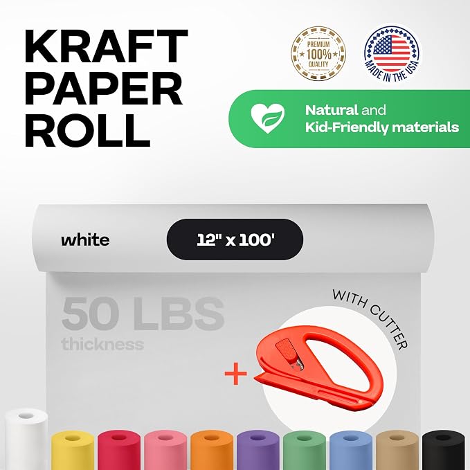 White Kraft Paper Roll 12" x 1200" (100 feet) with Cutter - USA-Made Wrapping Paper for Packing, Moving, Shipping & Crafts/Arts - 100% Recyclable Natural Craft Material by IDL Packaging | Wrapping Paper for Packing, Moving, Shipping & Crafts/Arts - 100...