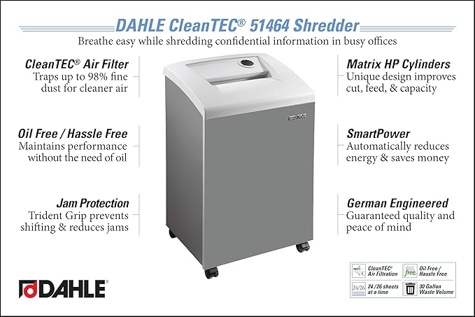 DAHLE CleanTEC 51464 Paper Shredder w/Air Filter, Cross Cut, P-4 Security, German Engineered, Jam Protection, Oil Free, SmartPower, 24 Sheet Max