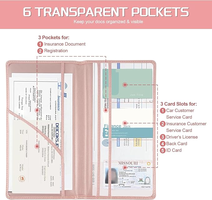 JUSTTOP 1Pack Car Registration and Insurance Holder,Car Document Holder for Cards License with Magnetic Shut,Vehicle Glove Box Car Organizer for Documents, Cards, License(Pink)