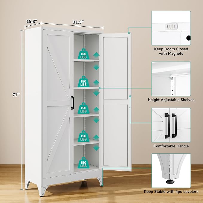 Pantry Storage Cabinets with 2 Doors and 5 Shelves,Tall Storage Cabinet,Large Cupboard Closet,Farmhouse Storage Cabinet for Home,Kitchen,Dining/Living Room (Black, 71" H)