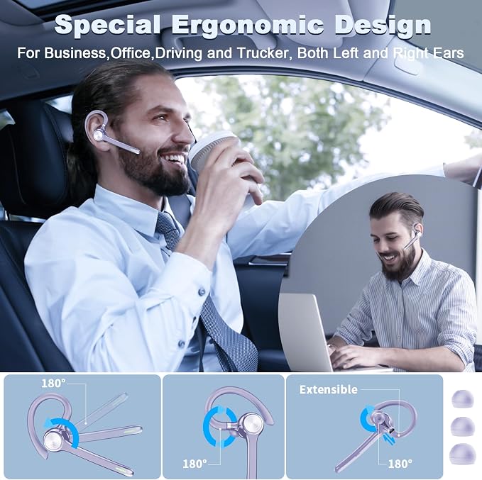 HEIBAS Bluetooth Headset, Wireless Earpiece with Mic for Work | 72H Playtime, 500mAh Charging Case, Hands-Free Calling with Mute Button for Work, Trucker, Office, Driving, Lilac Purple