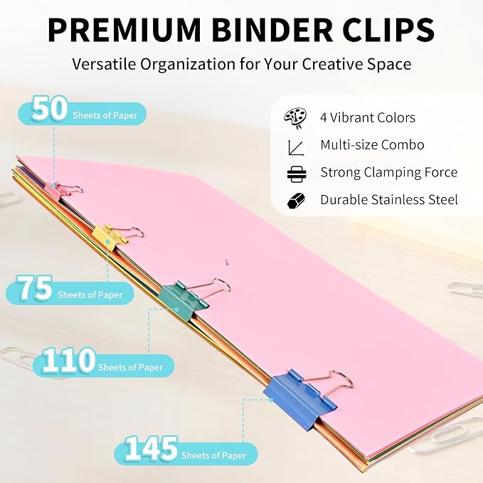 180Pcs Colorful Binder Clips Assorted Size, Metal Paper Clips for Daily Use | Clips Office Supplies for Documents, Files, School Supplies, Home and Desk Organization
