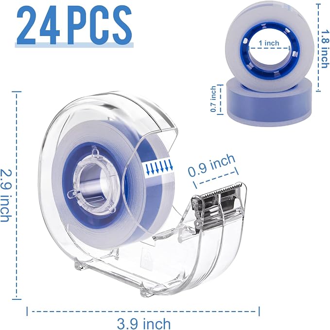24 Pcs Transparent Tape with Dispenser, 0.7" x 1000", Blue Core | Office Tape Refills, Clear Tape Rolls Bulk, for Desk, Craft, Gift Wrapping, Home School, Stationery Supply