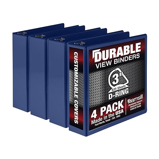Samsill Durable 3 inch 3 Ring Binder, D Ring Binder, 100% Recycled Chipboard, Blue, 4 Pack
