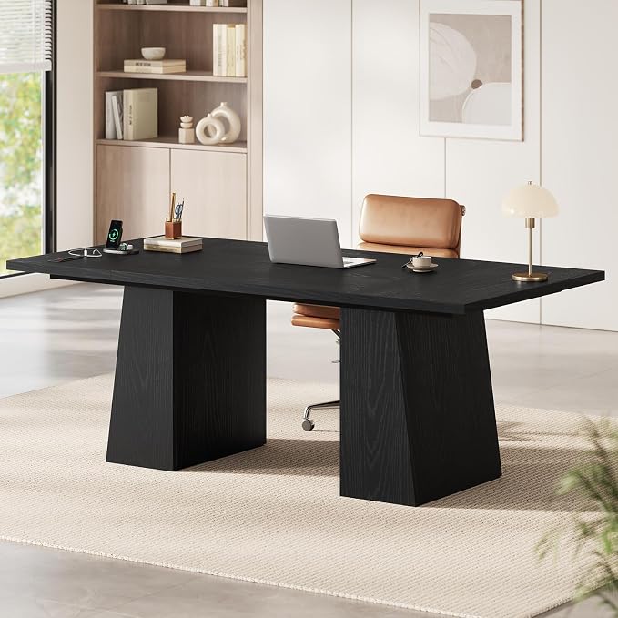 63 in Executive Desk with Power Outlets, Modern Home Office Desk with Storage Cabinet, Wood Computer Desk Business Workstation Desk Conference Table Black