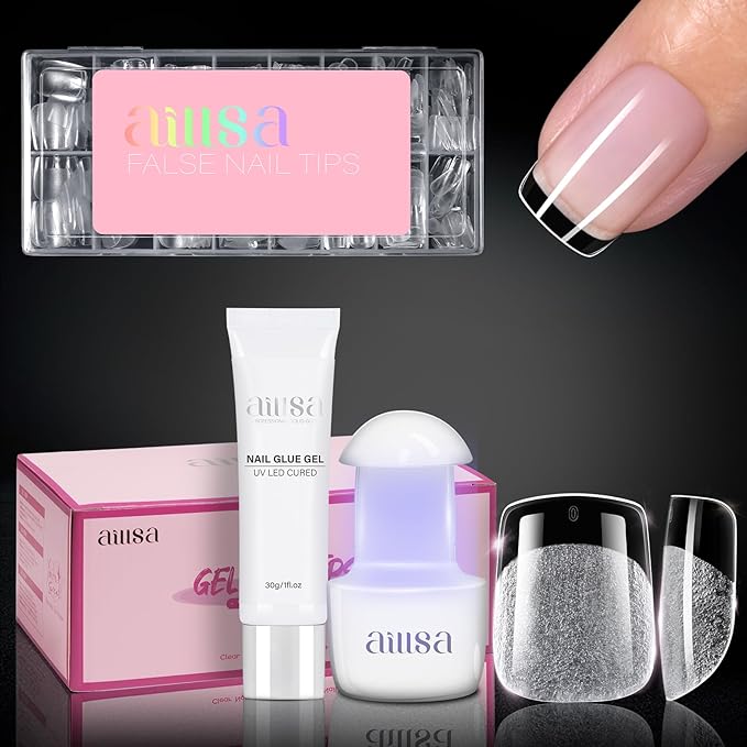 AILLSA Gel Nail Tips Kit Extra Short Square Nail Tips 120pcs, Upgrade Glue Gel 30g for False Nail Tips, Nail Extensions Full Kit with Portable Nail Lamp for Beginners