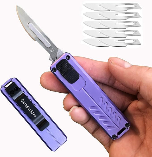 Automatic Utility Knife, Safety Black Box Cutter Retractable, EDC Push Button Knife, Exacto Scalpel Knife, 10PCS #23 Razor Blades Pocket Knife with Clip (Purple)