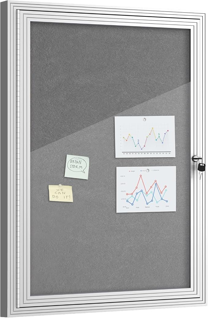 Mifuro 36"x24" Enclosed Bulletin Board, Outdoor Lockable Weather-Resistant Aluminum Cork Noticeboard for School & Office, Silver Frame w/Grey Flet