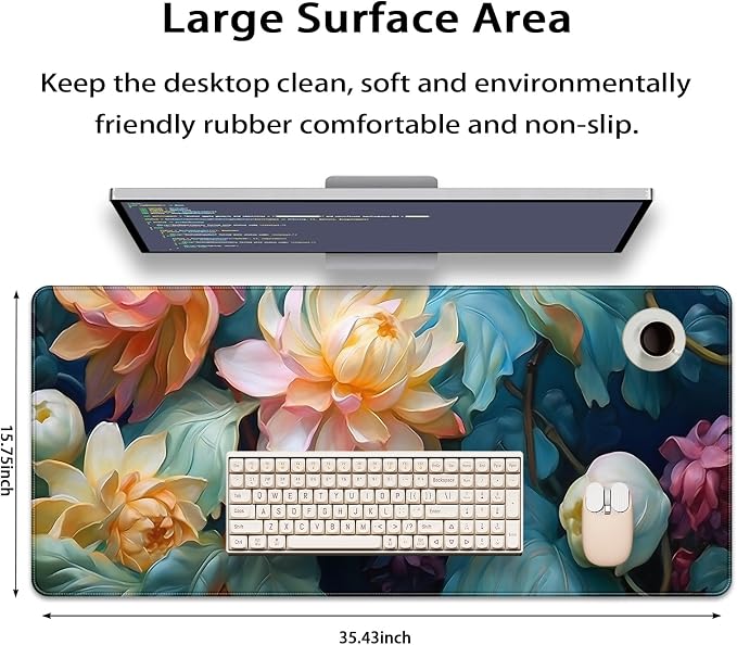 35.4 x 15.7 in, XXL Large Mouse Pad for Desk, Extended Keyboard Mouse Mat for Computer Office, Big Mouse pad with Stitched Edges, Gaming Pc-Colorful Flower Oil Painting Style