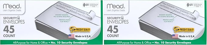 Mead Envelopes, #10, 4-1/8" x 9-1/2", Self Adhesive, 90 Count | Security Printed Lining | 20-lb Paper | White