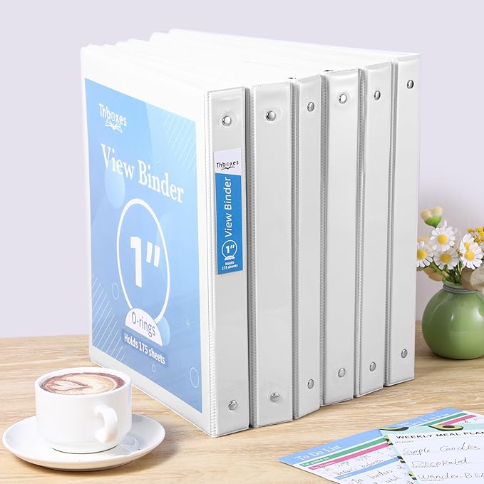 3 Ring Binder, 6 Pack 1 Inch Binder with 2 Interior Pockets & Clear View Overlay, Large Capacity, 1 Inch Binders 3 Ring, Round Ring Binders for Office, School, Home (White)