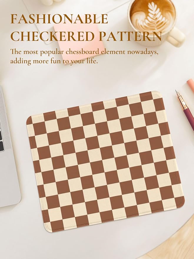Cute Brown Mouse Pad,Retro Checkered Pattern Mousepad,Square Aesthetic Plaid Waterproof Grid Mouse Mat Design, Non-Slip Rubber Base Computer Funny Boho Small Mouse Pads, Desk Accessories