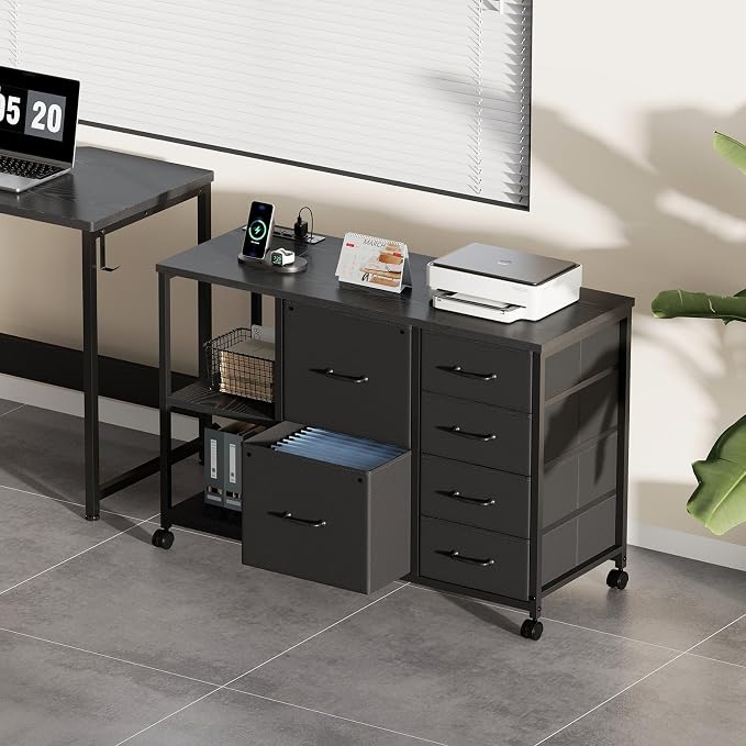 6 Drawer File Cabinet with Charging Station and Open Storage Shelf, Black