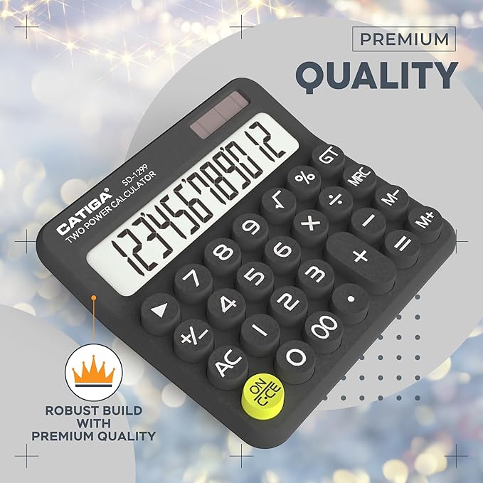 CATIGA Mechanical Switch Calculator with Solar and Battery Dual Power, 12-Digit Large LCD Display, Aesthetic and Cute Desktop Calculator with Big Button, for Home, School and Office Use, SD-1299