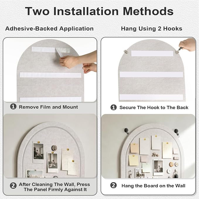 Arched Felt Bulletin Board, Sized 36" x 24" Cork Board Alternative Grooved Edge Foldable for Office & Wall, Foldable Picture Self-Adhesive Boards with Pin Hook for Photo Display School Home, Oatmeal