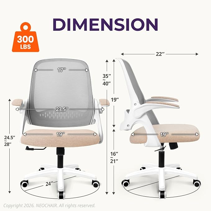 NEO CHAIR Office Desk Chair, Ergonomic Mesh with Flip-Up Armrests, Beige | Lumbar Support, Height Adjustment, 360° Swivel and Rolling Base, Space-Saving Design for Home Office, Vanity or Study