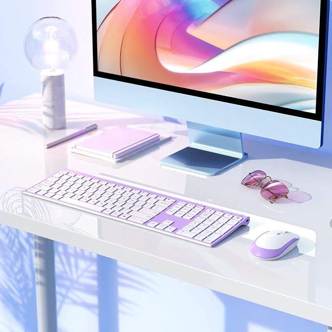 Vssoplor Wireless Keyboard and Mouse, Rechargeable Ultra Slim, Lavender | Quiet Full-Size Keyboard and Mouse Combo Set, for Laptop, PC, Notebook, Desktop, 2.4GHz Stable Connection, Ideal for Office