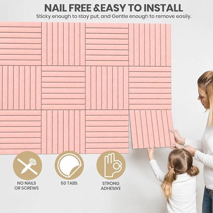 48" x 36" Large Felt Bulletin Board, Eight-Stripe Pink | 12 Pack Cork Board Alternative with 30 pushpins, 60 Safe Adhesive Tabs, Pin Boards for Wall Decor, Home, Office, Classroom