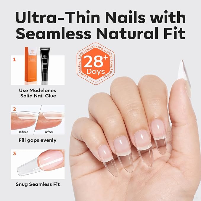 modelones Pro Luxe Instant Nail Apex Tips 15 Sizes, Medium Almond Extension Gel Tips Pre-building & Pre-etched Thicker Strength Acrylic Fake Nails Full Cover 120 Pcs
