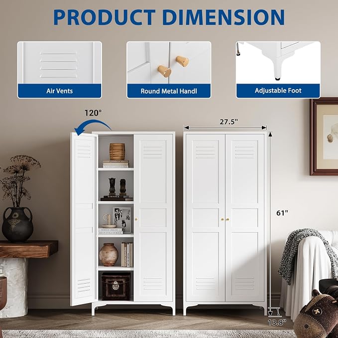 Fesbos Metal Storage Cabinet-61” Tall Steel File Cabinets with Doors and 4 Adjustable Shelves-White Steel Storage Cabinet for Home,Kitchen, School, Office, Garage