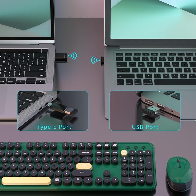 Retro Wireless Keyboard and Mouse Combo with Wrist Rest (Dark Green) | COVEVA Aesthetic Typewriter Style, Full-Size Clicky Tactile Floating Round Keys, 2.4GHz Ergonomic Set for Mac, Windows