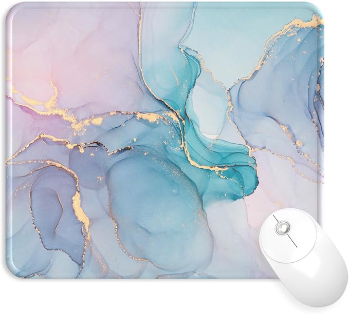 Mouse Pad with Stitched Edge, Multiple Patterns Computer Mouse Pads with Non-Slip Rubber Base, Washable Cloth Mousepad, for Gaming, Laptop, PC (Blue Blush Marble)