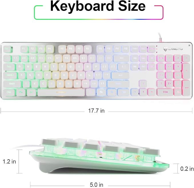 LANGTU Membrane Gaming Keyboard, Rainbow LED Backlit Quiet Keyboard for Office, USB Wired All-Metal Panel 25 Keys Anti-ghosting Computer Keyboard 104 Keys - L1 White/Silver
