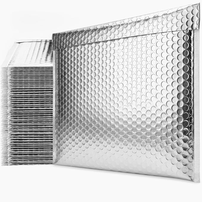 50 Pack 24 x 20 Inch Insulated Bubble Mailers, Silver | Self Adhesive Closure, Foil Lined Interior, Padded Cushioning, Waterproof, Cold Delivery Packing, for Food and Cosmetics