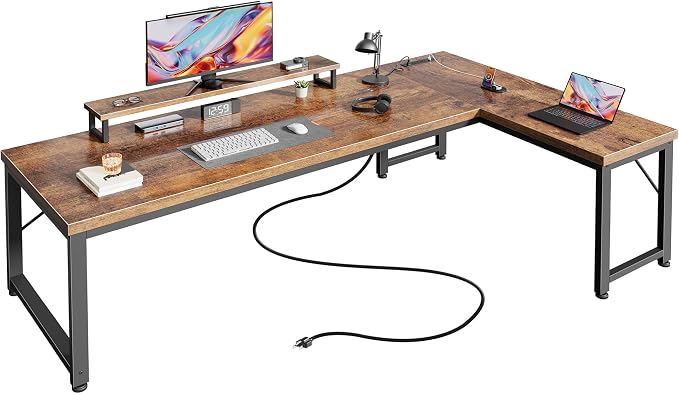 61" L Shaped Computer Desk, Outlets, Monitor Stand, Rustic Brown | USB-C Ports, Reversible Charging Station, Spacious Desktop & Legroom, 0.94 Inch Thick Desktop, for Gaming, Study & Work