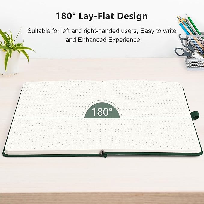 RETTACY Dotted Journal Notebook, 192 Pages, A5 Medium Size (5.7'' x 8.3''), Leather Hardcover, 100 GSM Thick Paper, for Journaling, Planning, Tracking (Dark Green)