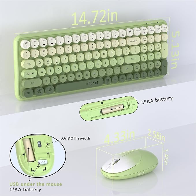 UBOTIE Wireless Keyboards and Mouse Combo (Green Gradient) | Colorful Gradient Rainbow Color Retro Typewriter Flexible Keyboard, 2.4GHz Connection and Optical Mouse for PC Wins Mac