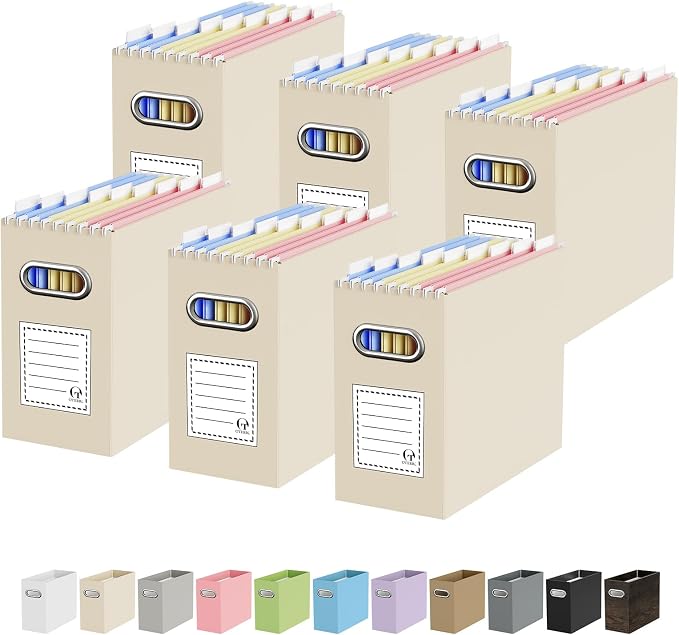 Portable Collapsible Cardboard File Box with Handle for Letter-Size | 6-Pack. Stainless Steel Handle. Label Stickers Included. Fits Letter Folders (Not Included). Home, Office, School, Dorm, Tax.