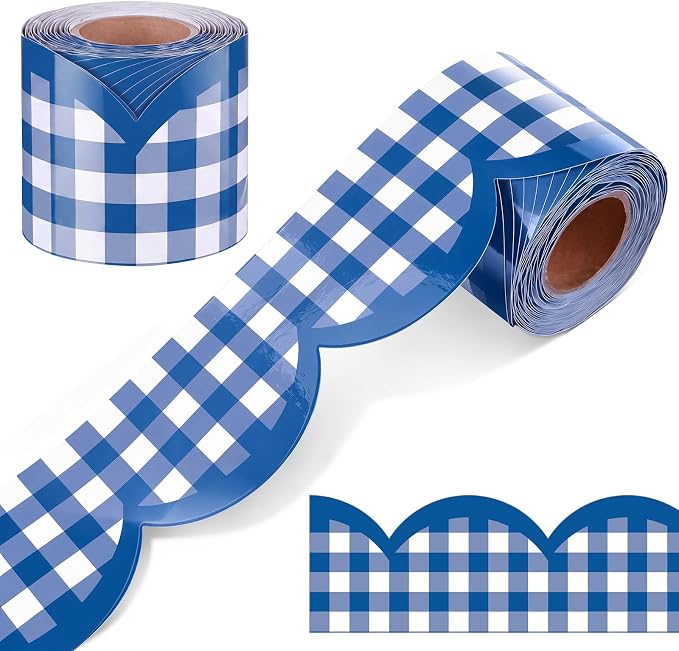 Zonon 65ft Navy Blue Gingham Bulletin Board Border Scalloped 3 Inches | Scalloped Edge Trim for Classroom Walls, Whiteboards, Desks, Windows, Doors, Lockers, Back to School Decoration Supplies