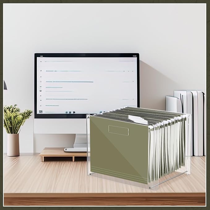 Dispowreath 24 Hanging File Folders Acrylic Desktop Organizer,Green | Clear Acrylic Box with Handles, Letter A4 Compatible, Colorful Tab Labels Included, Home Office Desktop Storage Solution