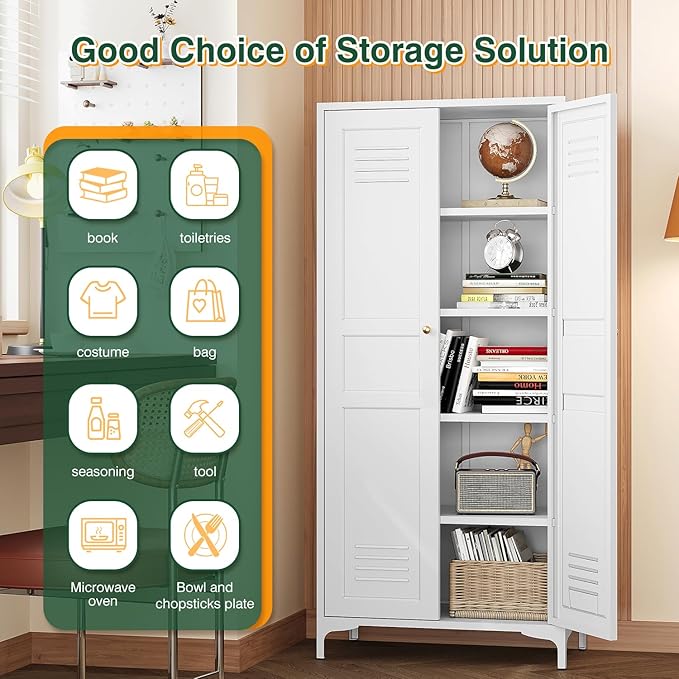 Letaya White Storage Cabinet with Feets-Metal Home Kitchen Pantry Cabinets with Doors and Adjustable Shelves,Organization Locker for Cupboard/Bedroom/Dining/Living/Bathroom/Office/Garage Room (White)