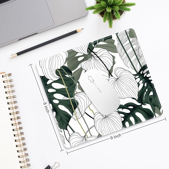 Mouse Pad, Minimalism Marble Style Computer Pad, Anti-Slip Rubber Mouse Mat with Stitched Edges for Gaming, Office, Laptop, PC, Women, 9" x 8" Thick 3 mm, Monstera Leaves