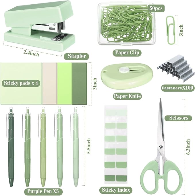 Mini Green Office Supplies Kit Green School Supplies Christmas Gift Desk Accessories with Gel Pens Sticky Notes Stapler Scissor Paper Clips Index Tabs Box Cutter for Christmas Gifts Office