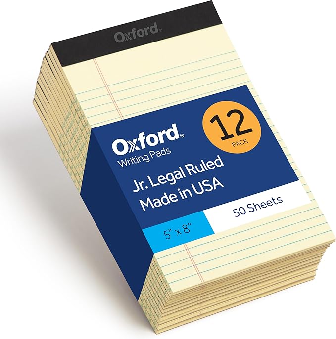Oxford Legal Pads, 12 Pack, Note Pads, 50 Jr. Legal Ruled 5" x 8" Sheets, Canary Yellow Paper with Firm Back, Small Portable Notepads, Proudly Made in the USA